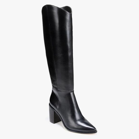 Franco Sarto Ticada Black Leather Knee-High Pointed Toe Block Heel Boots 10 - Picture 1 of 9
